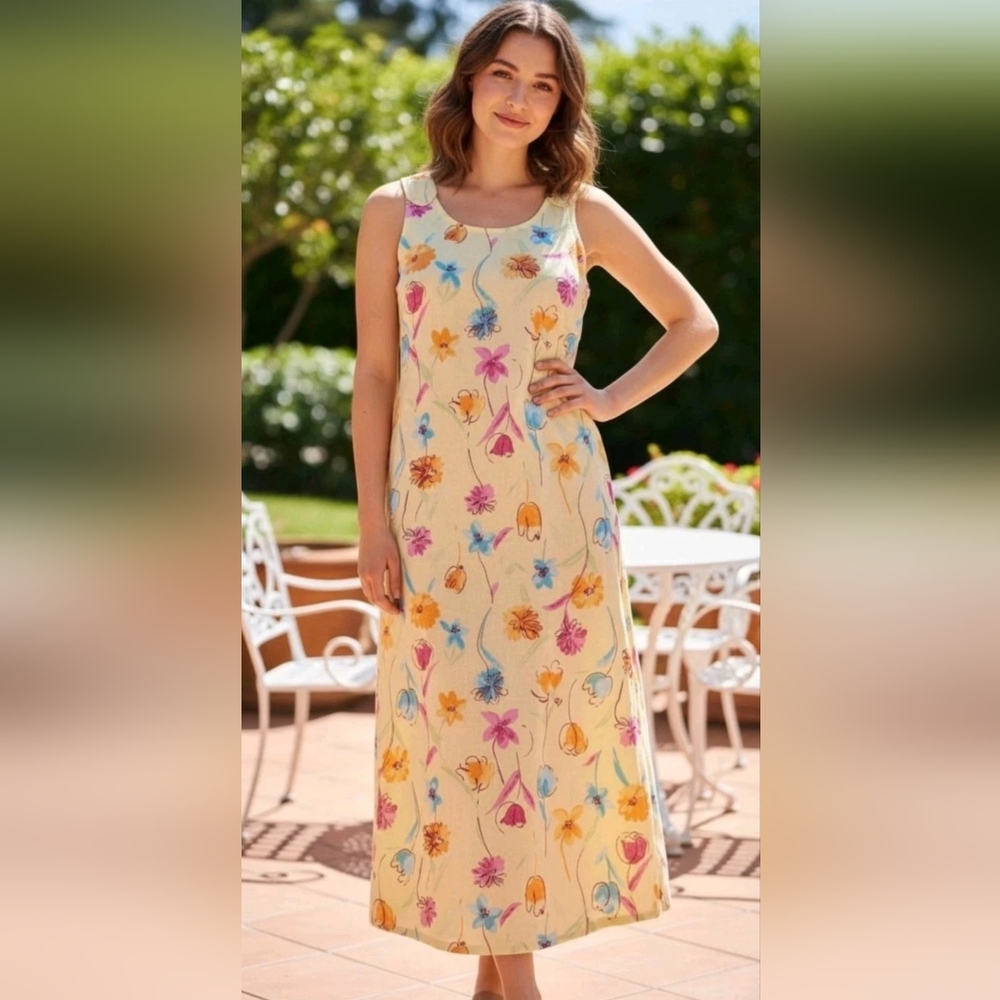 Studio Ease Linen Rayon Maxi Dress 18W Yellow Floral Sleeveless Boho Summ